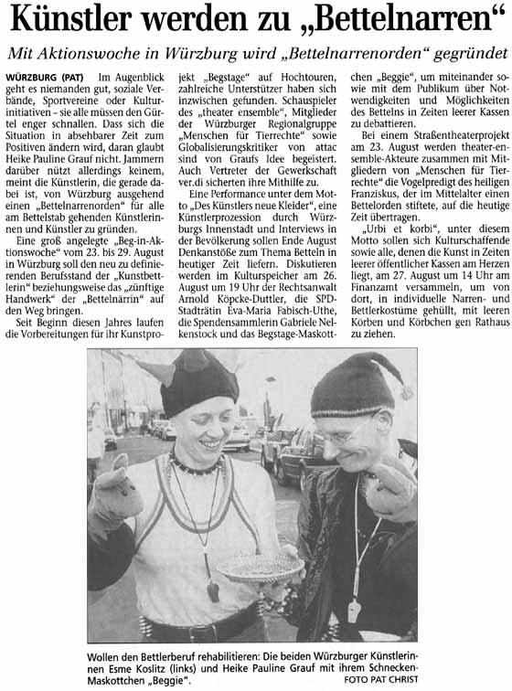 Künstler werden zu "Bettelnarren", Volksblatt vom 19.6.2004 (Pat Christ)